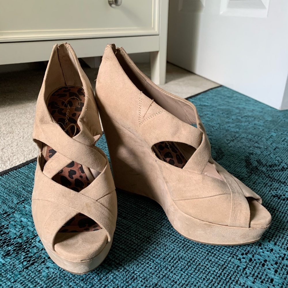 Jessica Simpson Nude Suede Crossed Wedge